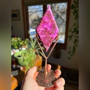 Dyed pink Mexican crazy lace agate with stand